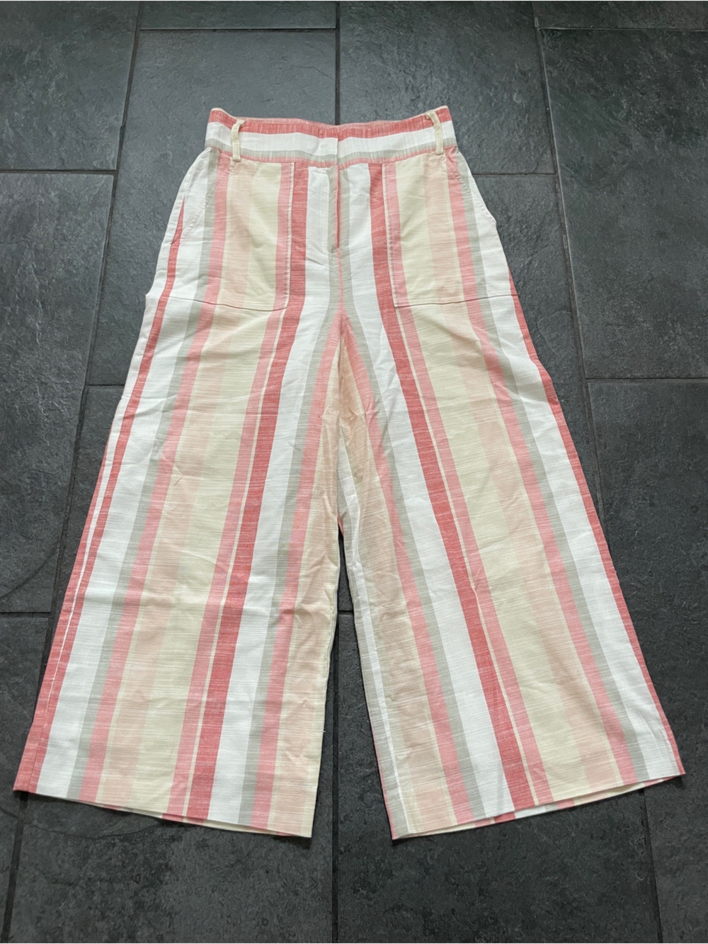 Linen Pink & Coral Striped Wide-Leg Cropped Cotton Pants Coastal
